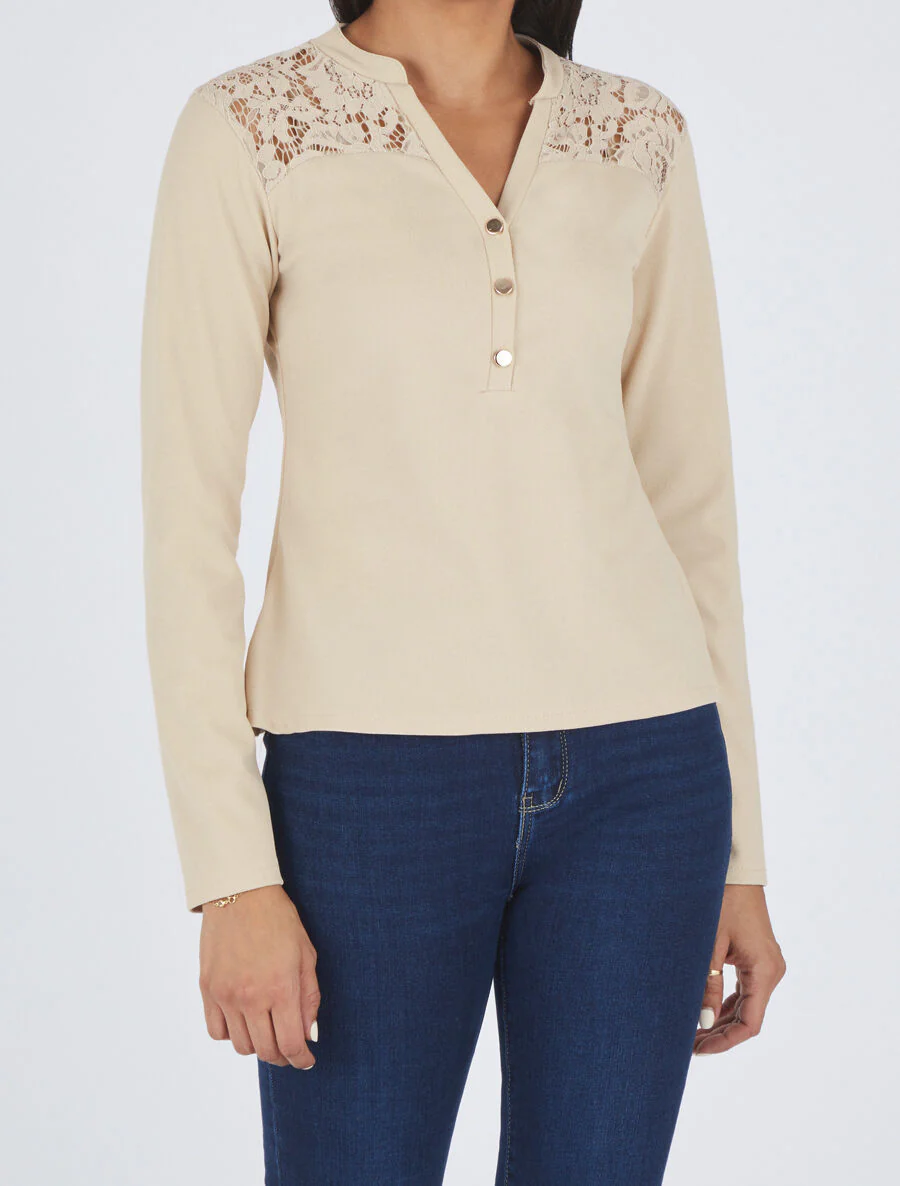 Blouse unie à dentelle - Beige - Image 4