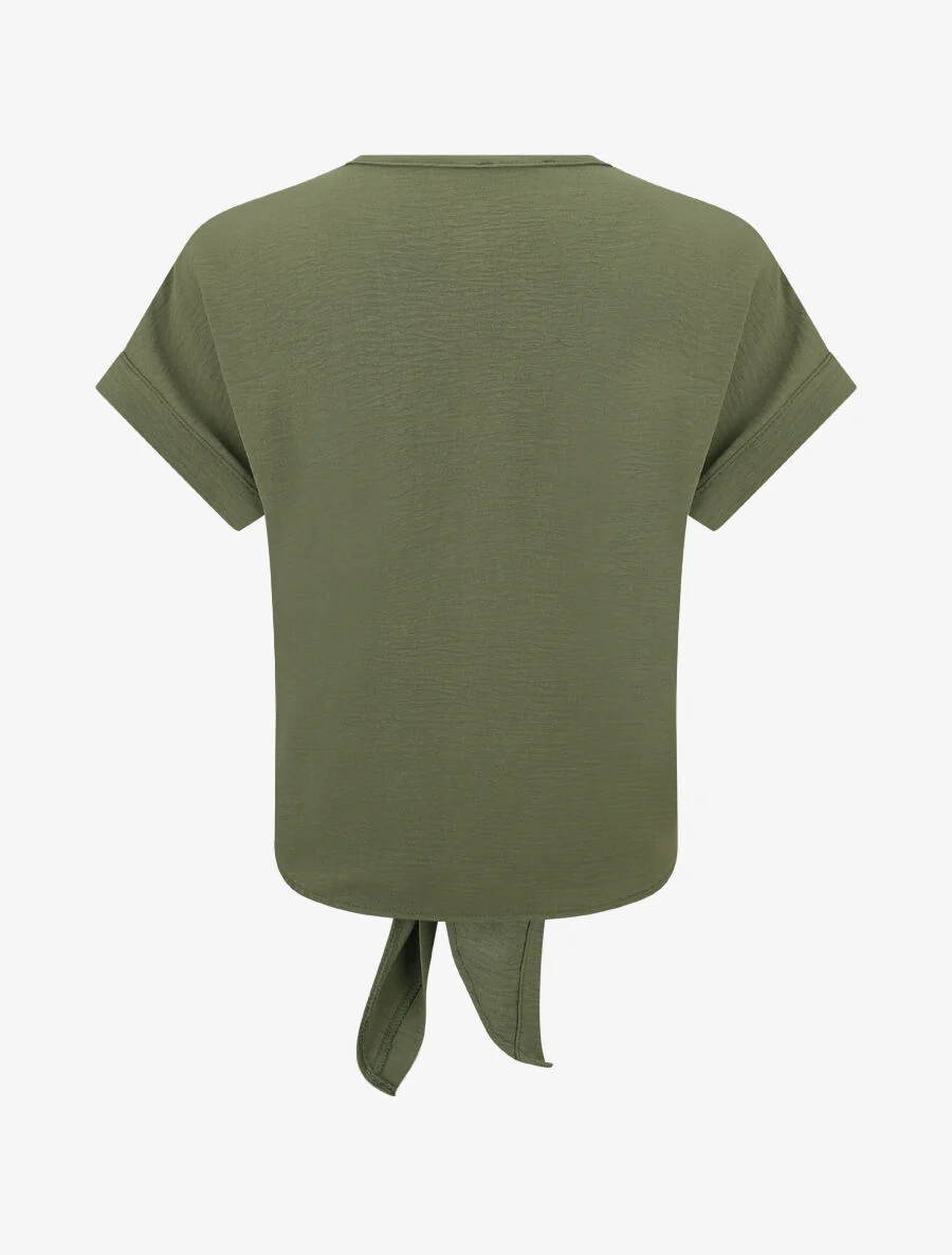 Blouse unie à nouer et détail broderies - Kaki - Image 2