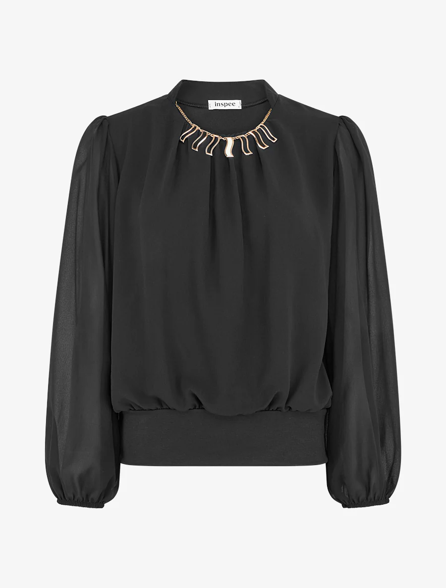 Blouse unie en voile à empiècement collier - Noir