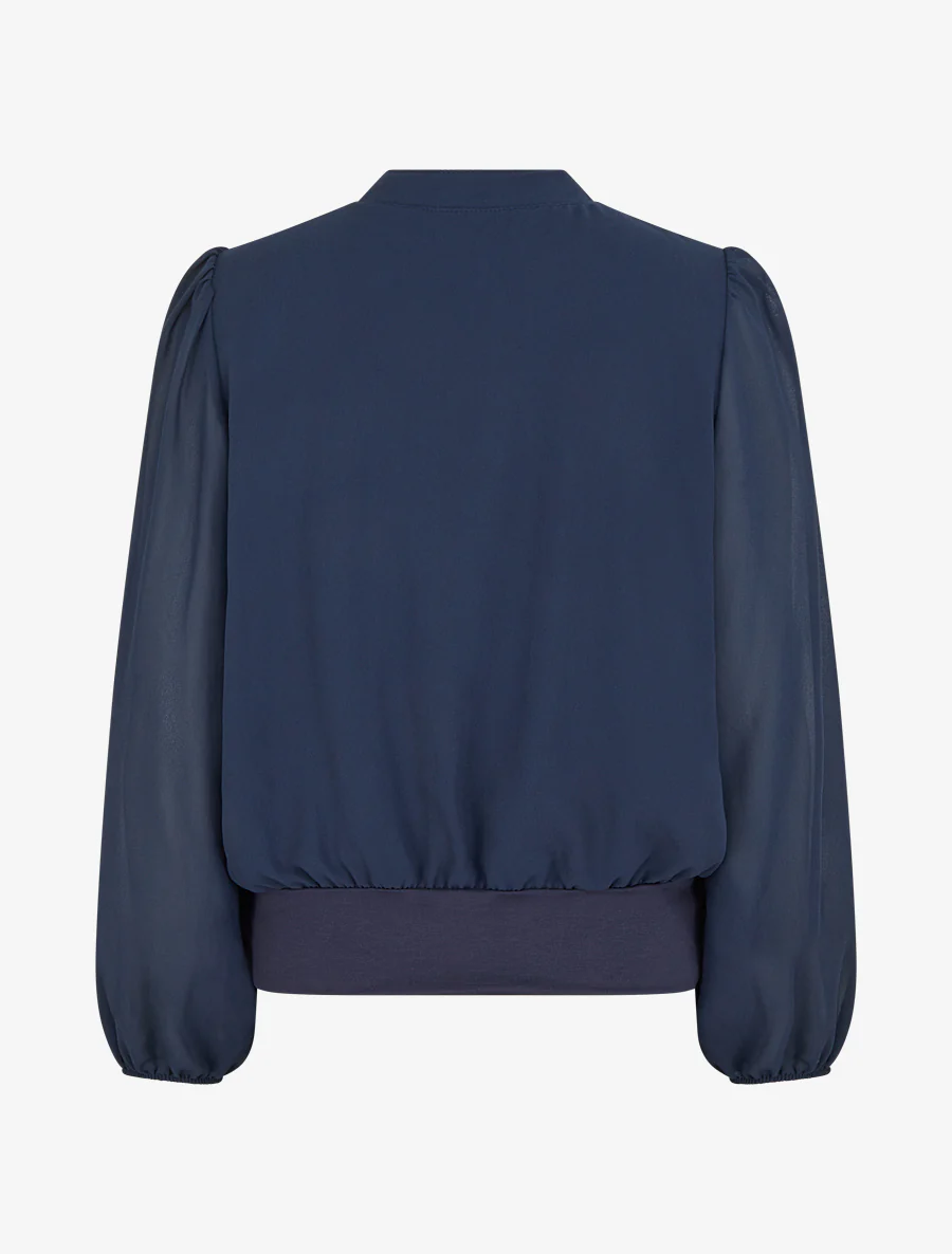 Blouse unie en voile à empiècement collier - Marine - Image 2