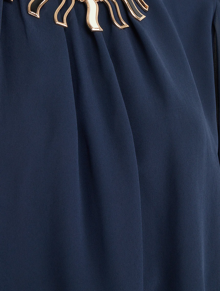 Blouse unie en voile à empiècement collier - Marine - Image 3
