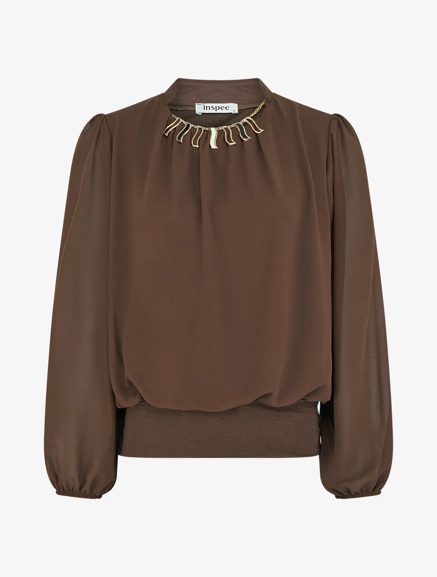Blouse unie en voile à empiècement collier - Marron