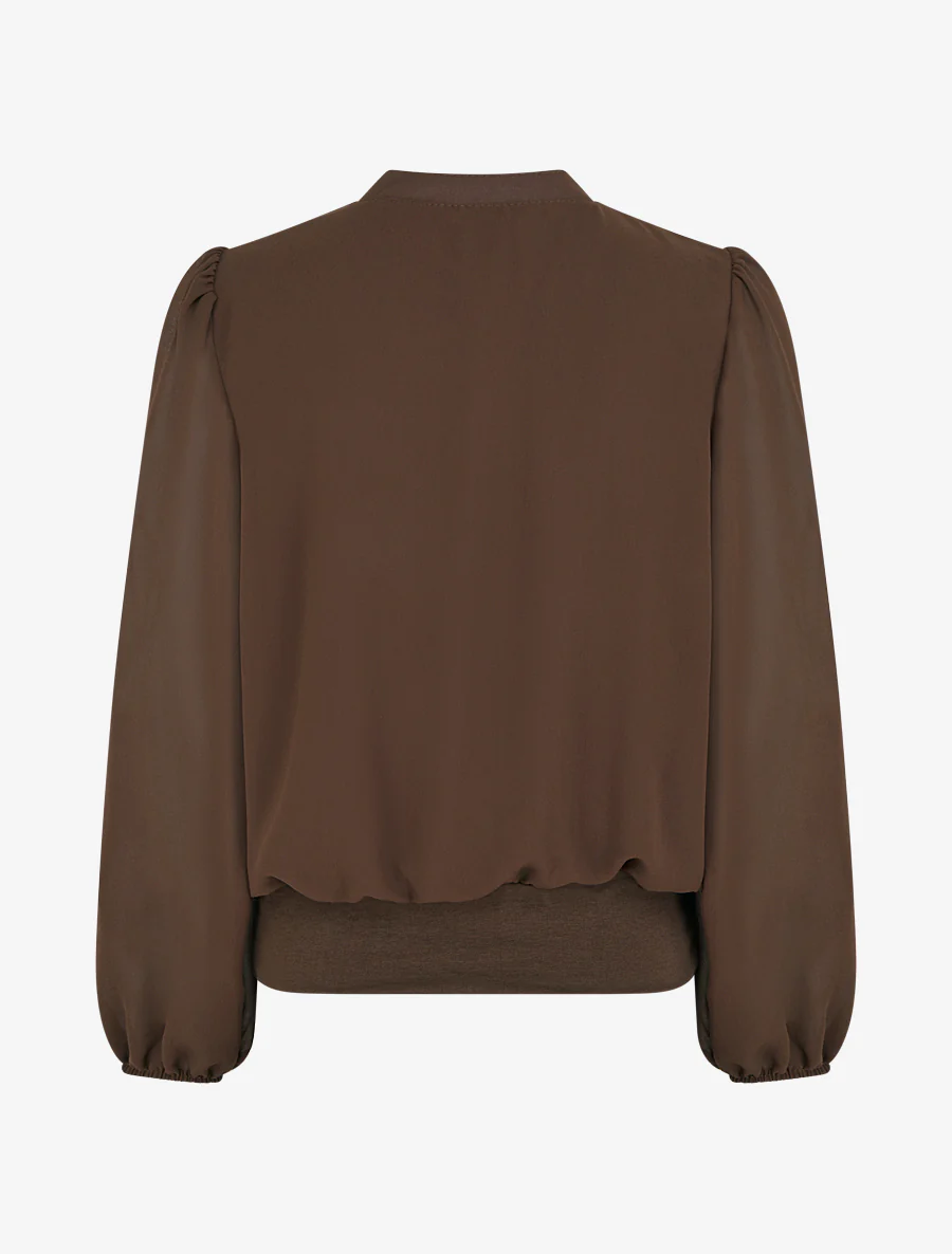 Blouse unie en voile à empiècement collier - Marron - Image 2