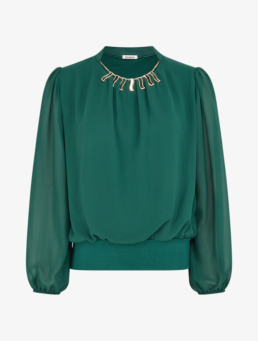 Blouse unie en voile à empiècement collier - Vert sapin