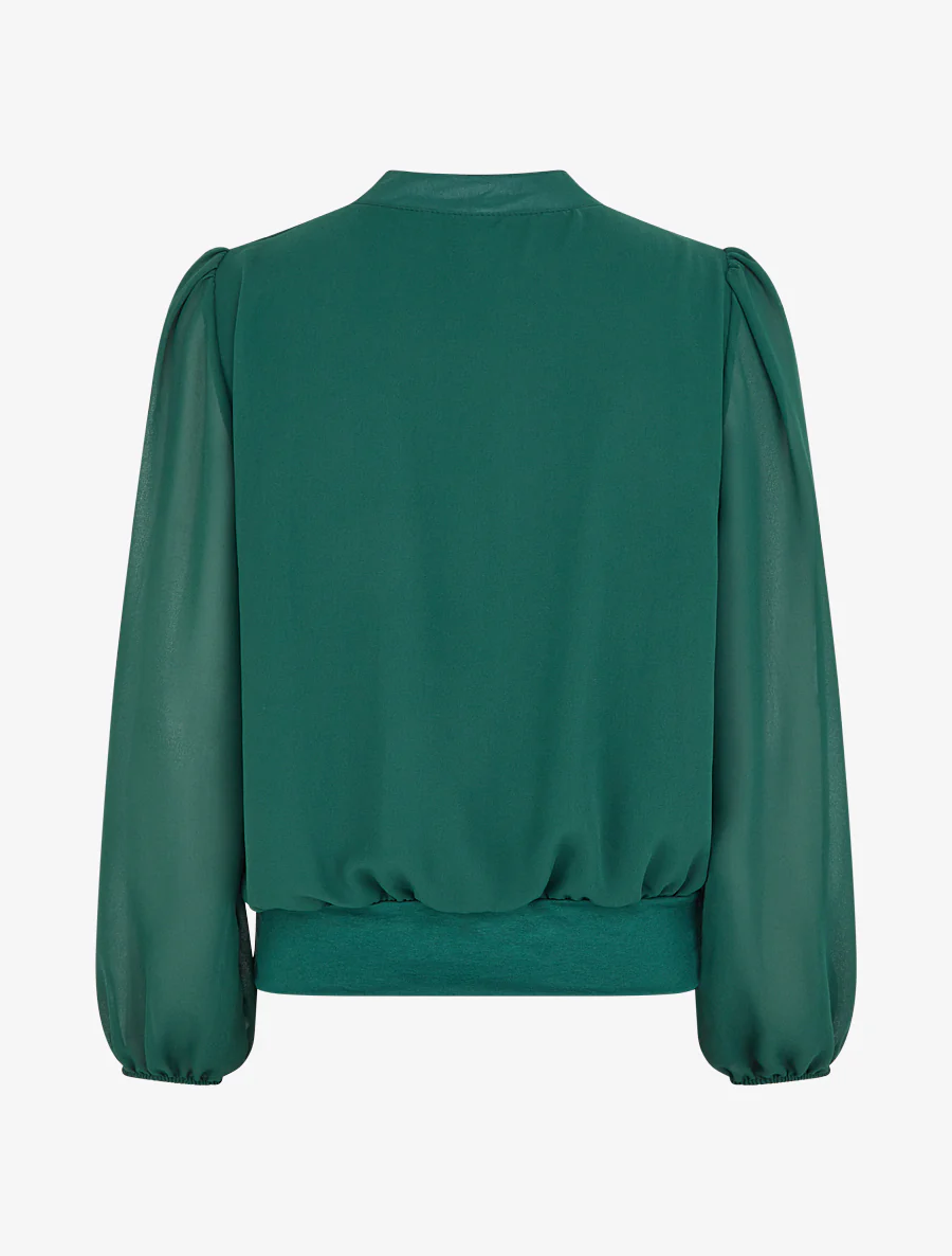 Blouse unie en voile à empiècement collier - Vert sapin - Image 2