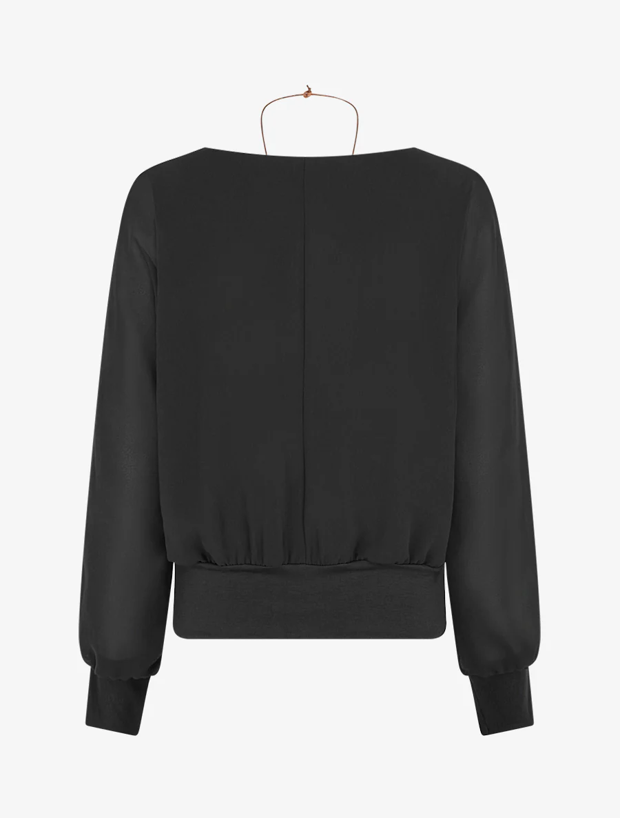 Blouse unie en voile à manches longues - Noir - Image 2