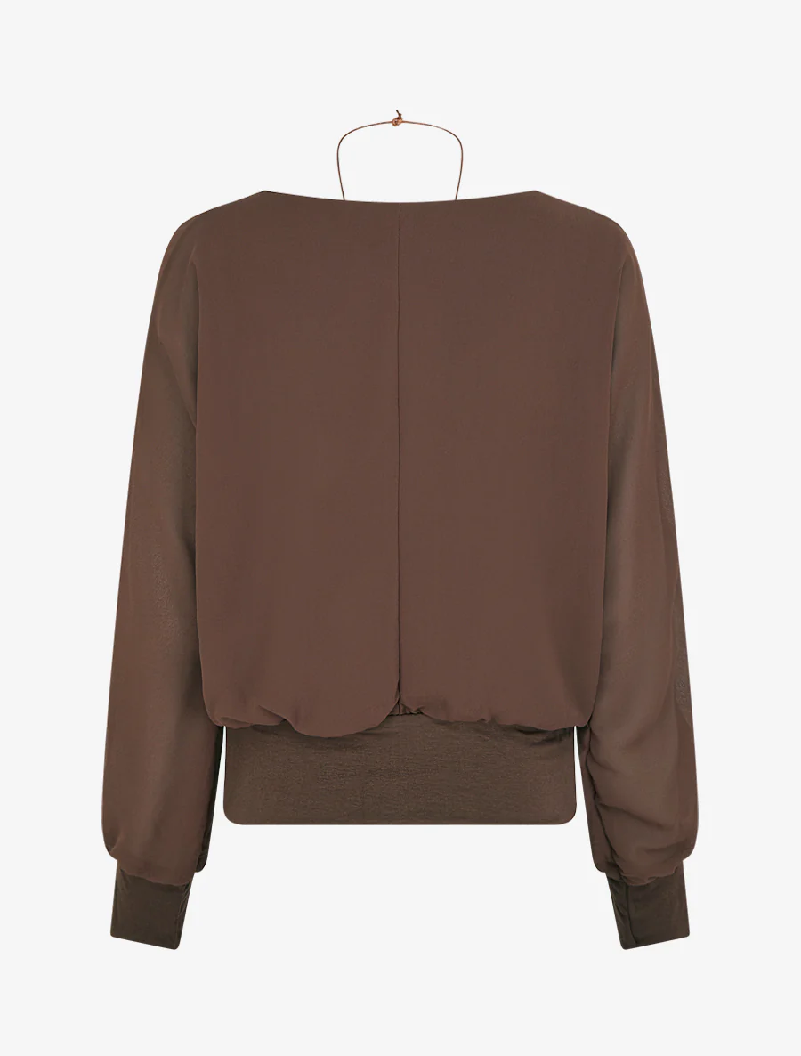Blouse unie en voile à manches longues - Marron - Image 2