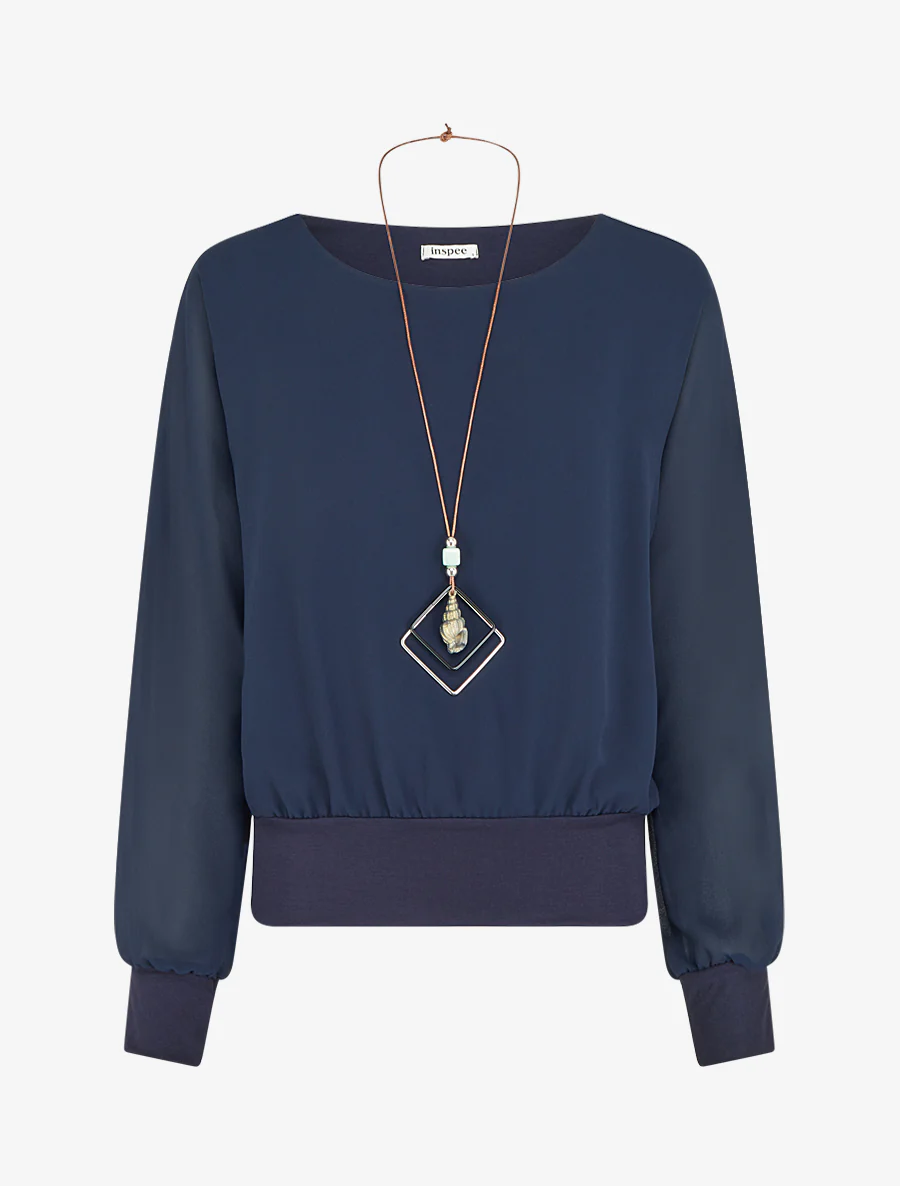 Blouse unie en voile à manches longues - Marine