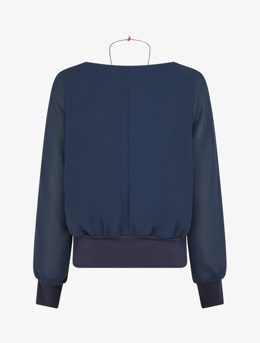 Blouse unie en voile à manches longues - Marine - Image 2
