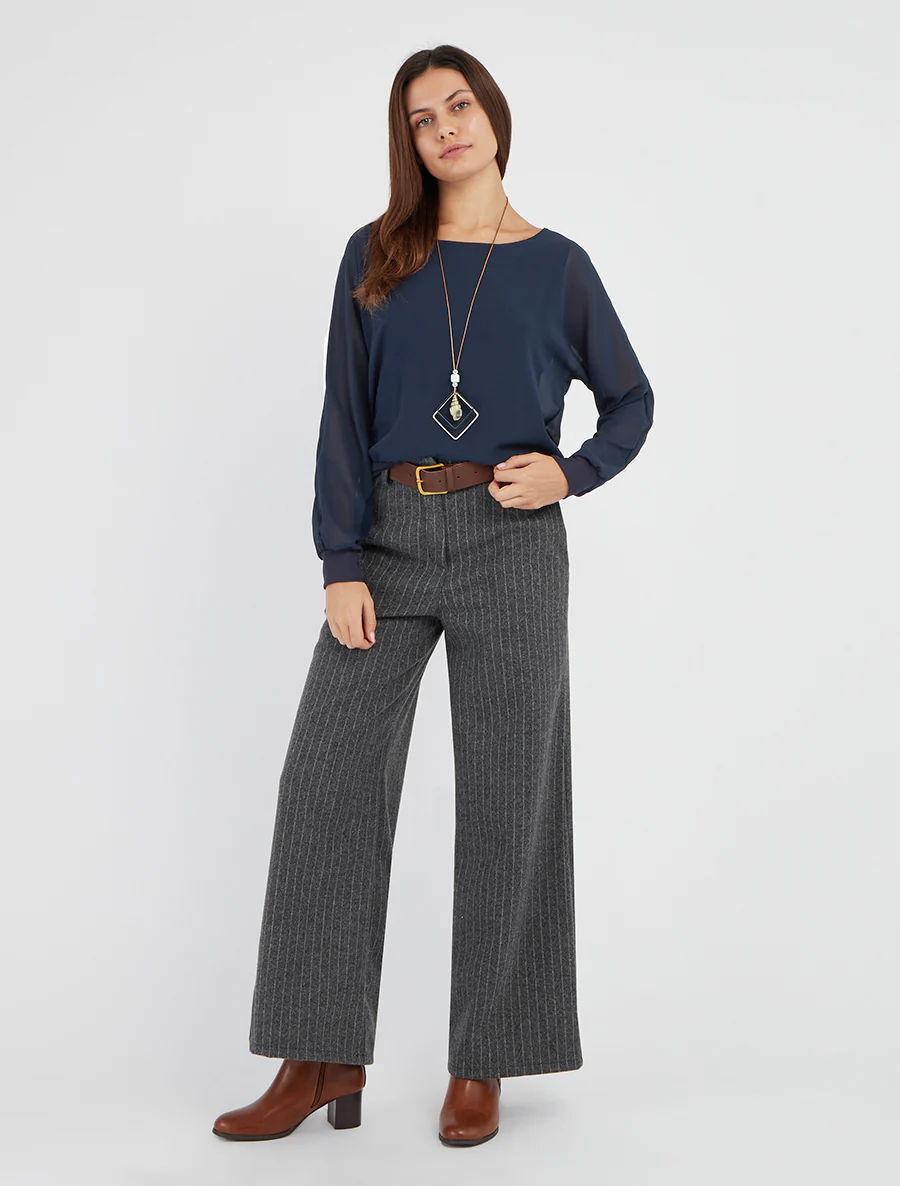 Blouse unie en voile à manches longues - Marine - Image 4