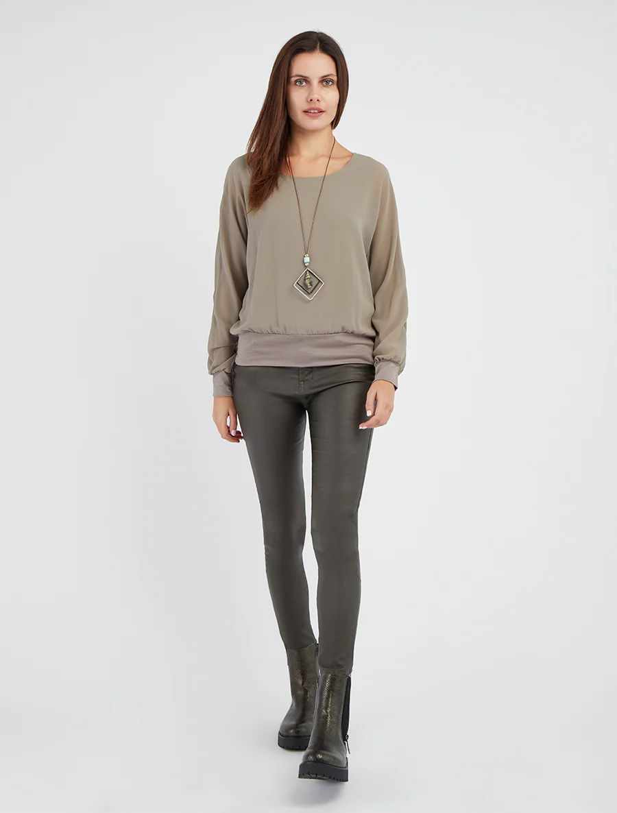 Blouse unie en voile à manches longues - Gris - Image 4