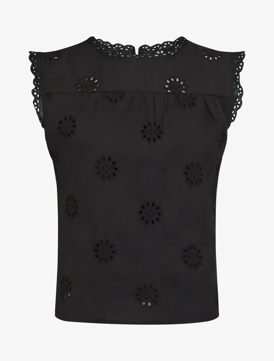 Blouse unie sans manches à motif fleurs - Noir