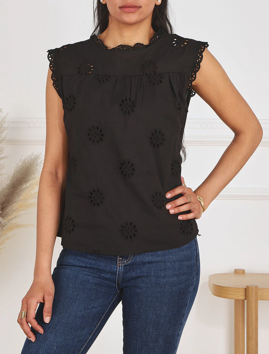 Blouse unie sans manches à motif fleurs - Noir - Image 4