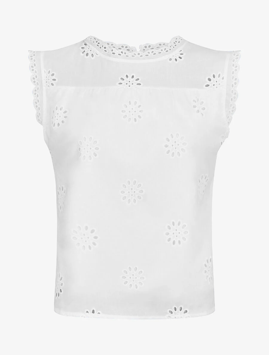 Blouse unie sans manches à motif fleurs - Blanc