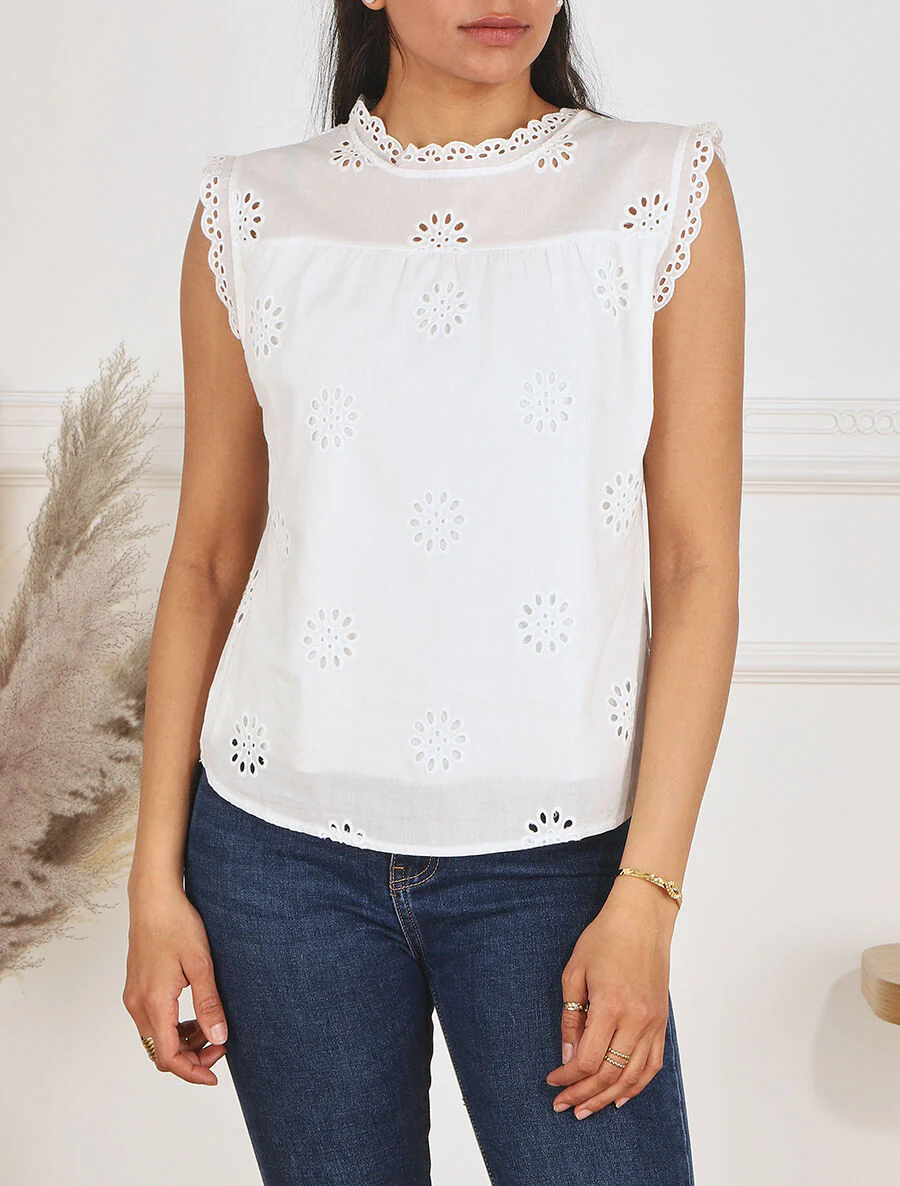 Blouse unie sans manches à motif fleurs - Blanc - Image 4