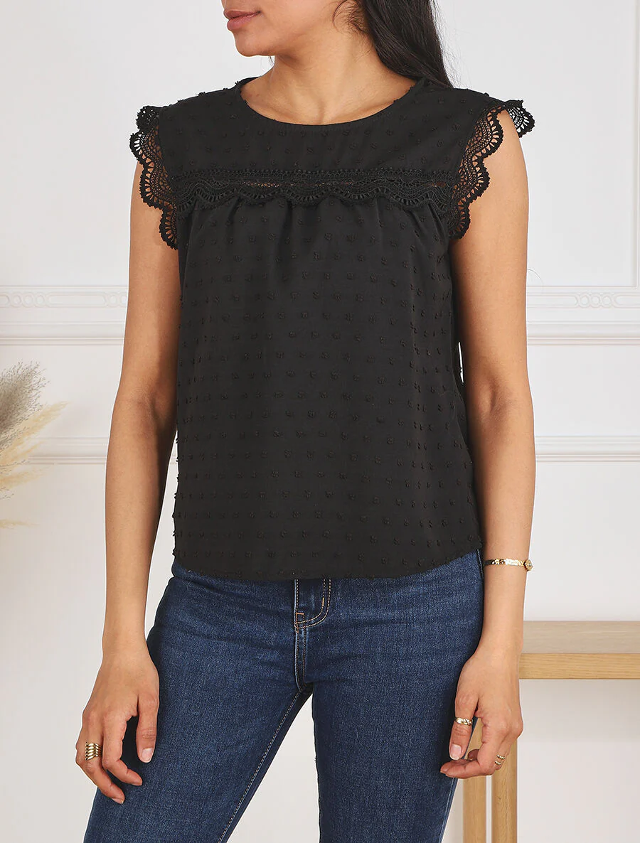 Blouse unie sans manches texturée - Noir - Image 4