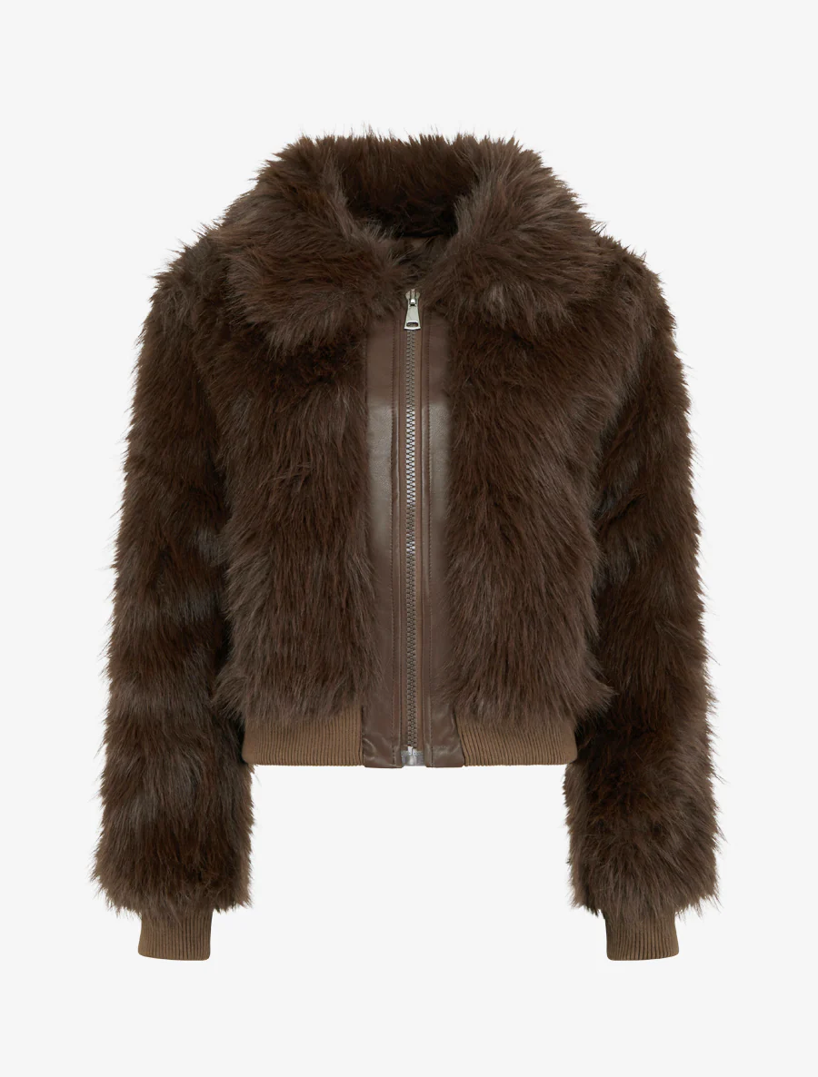 Blouson à empiècement fourrure synthétique - Marron