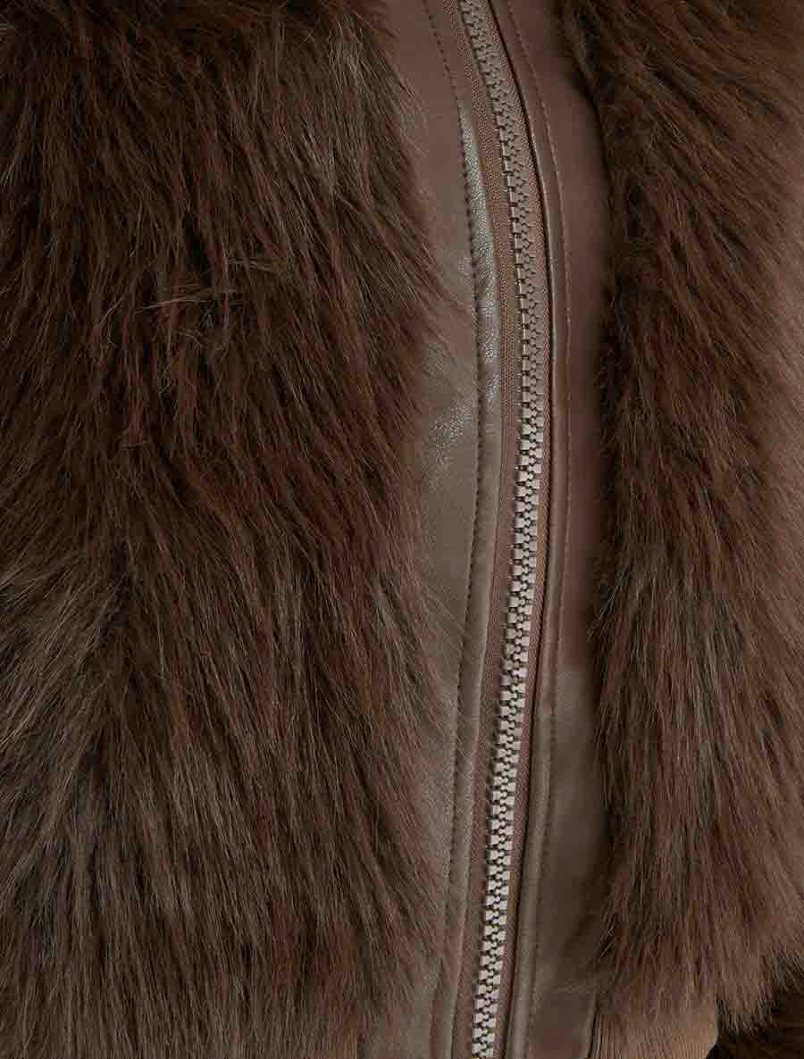 Blouson à empiècement fourrure synthétique - Marron - Image 3