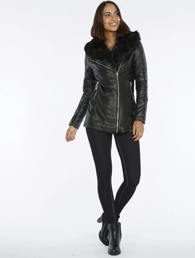 Blouson biker col fourrure - noir - Image 2