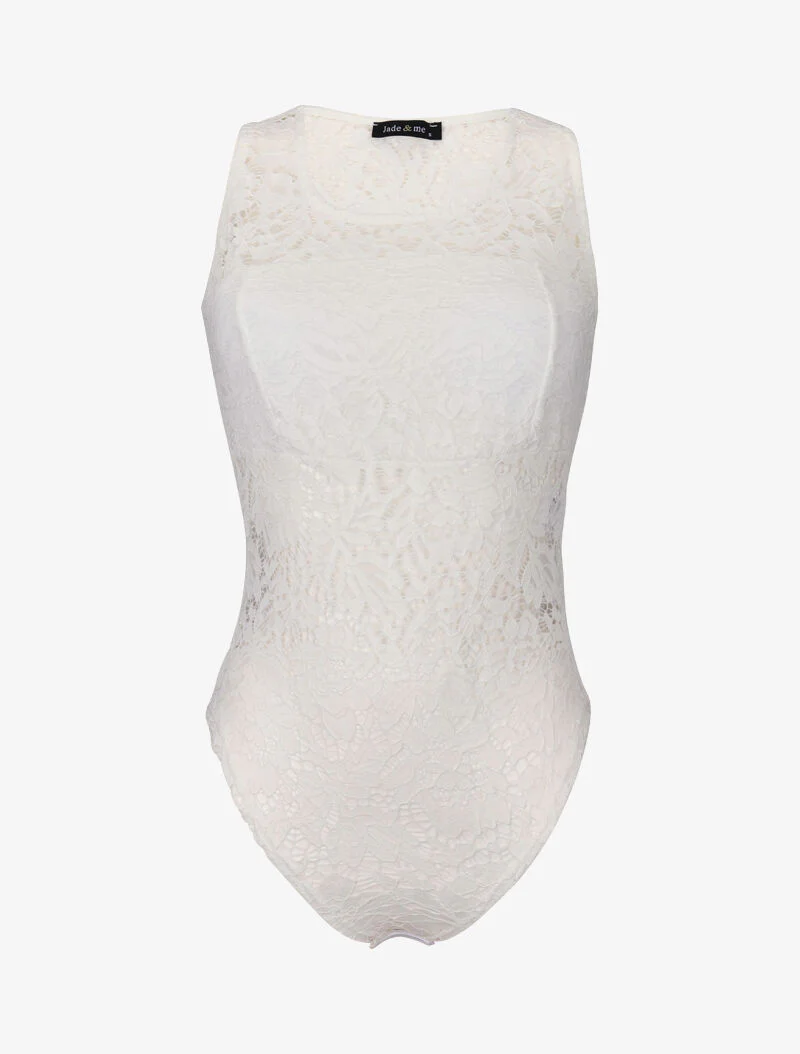 Body à bande opaque dentelle ajourée - blanc