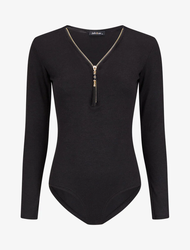 Body à col V zippé avec pampille - Noir