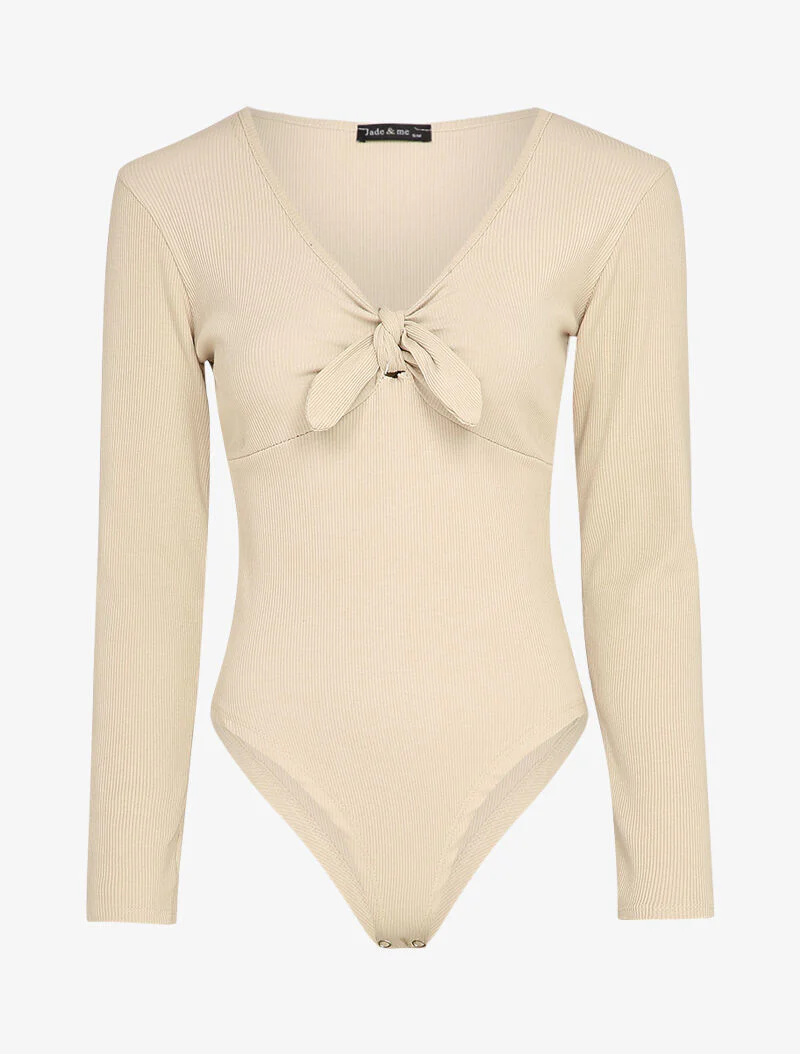 Body côtelé à col à détail noeud - Beige