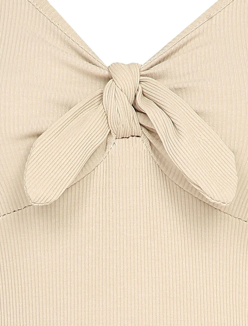 Body côtelé à col à détail noeud - Beige - Image 3
