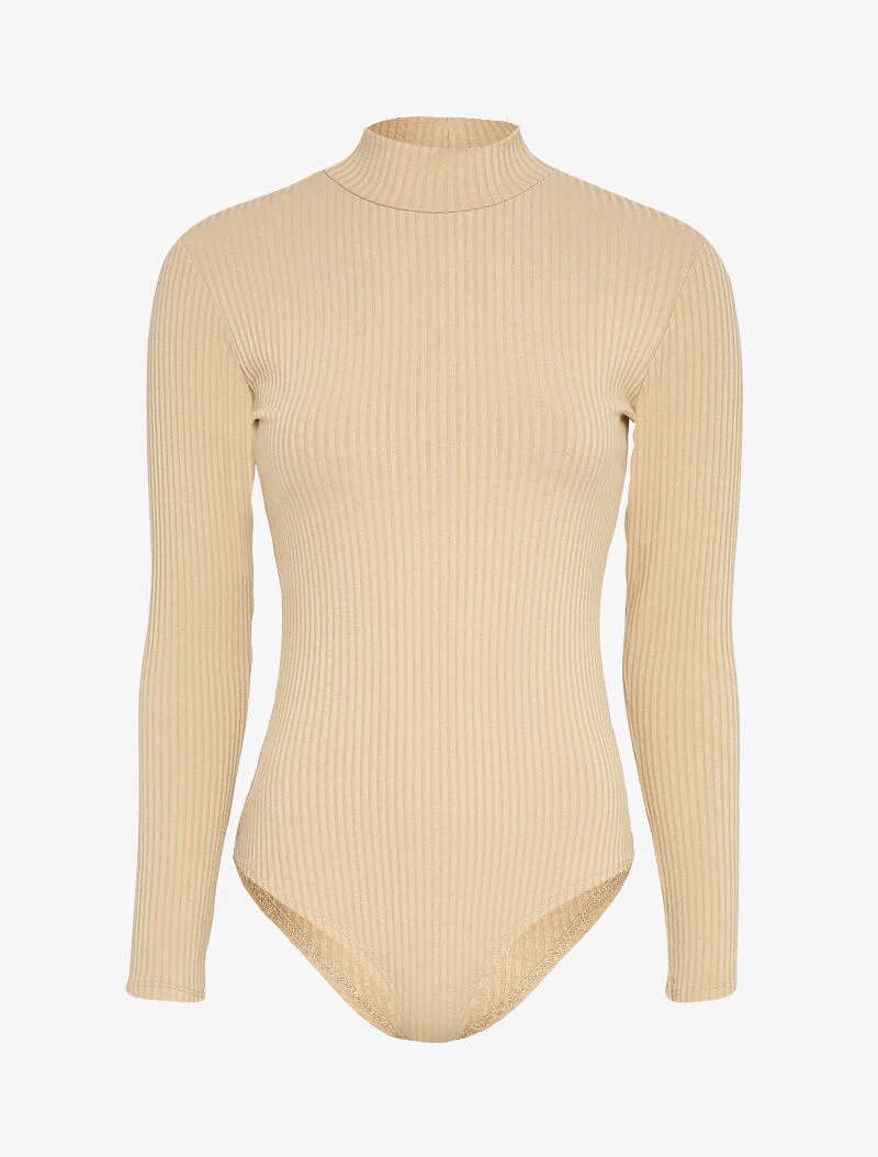 Body côtelé à col montant - Beige
