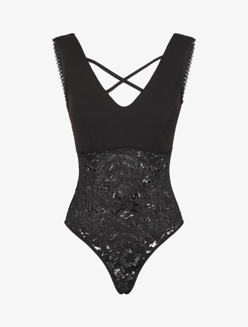 Body échancré en dentelle à bustier coquée - Noir