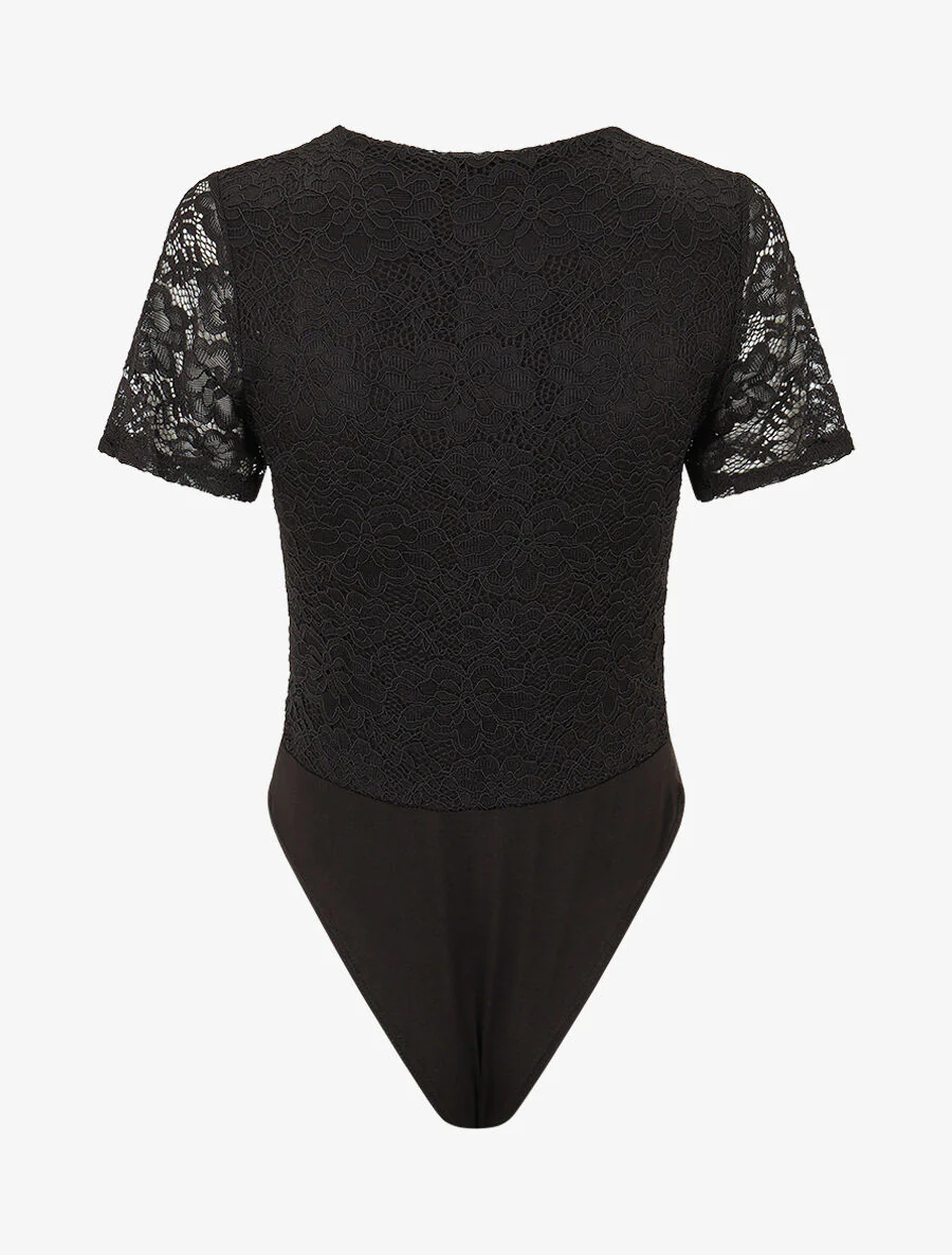 Body en dentelle manches courtes - Noir - Image 2