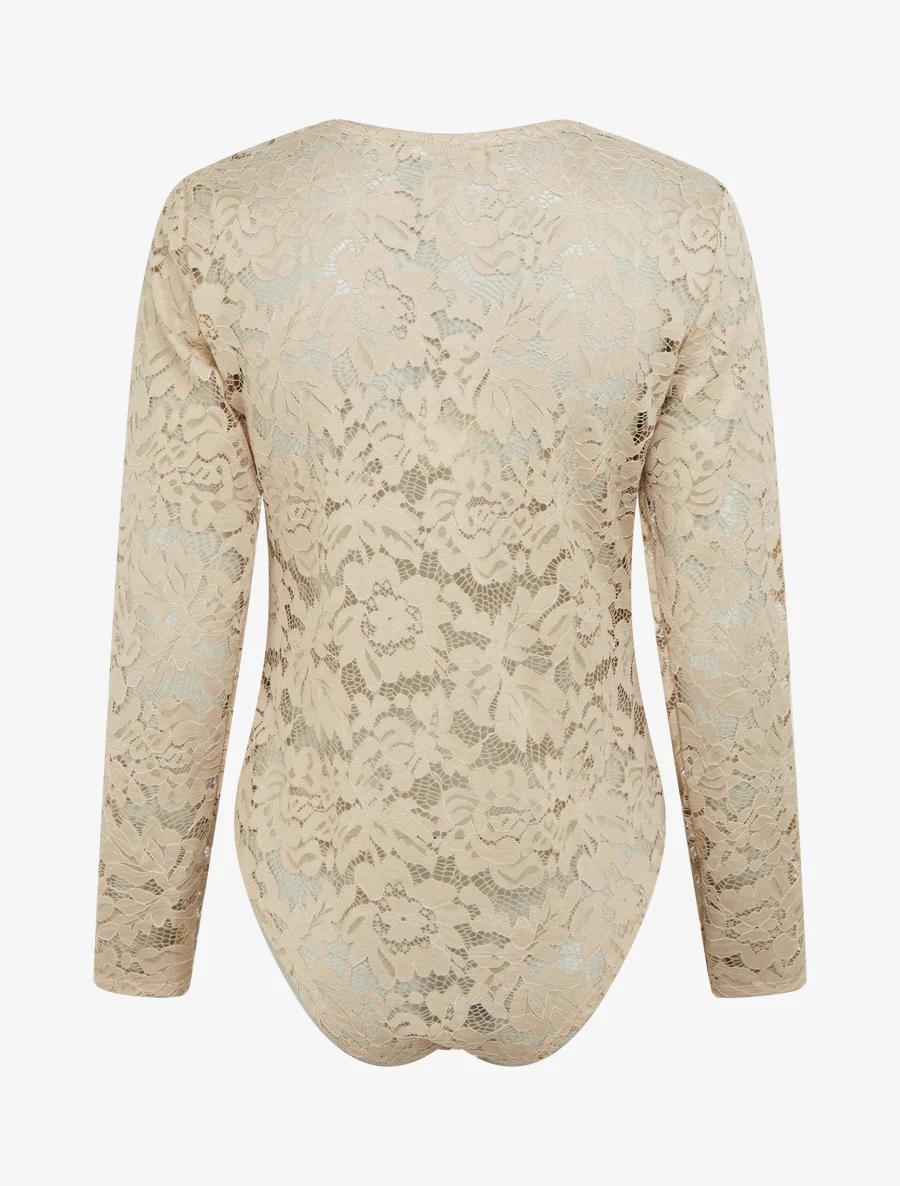 Body en dentelle manches longues - Beige - Image 2