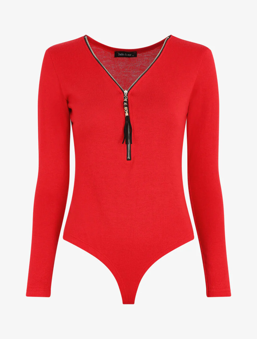 Body en maille uni à col V zippé - Rouge