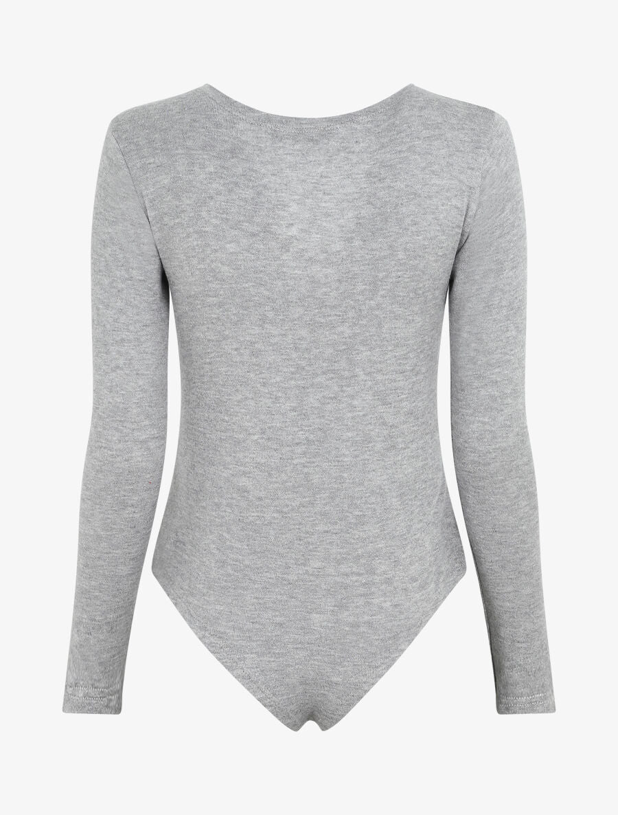 Body en maille uni à col V zippé - Gris - Image 2