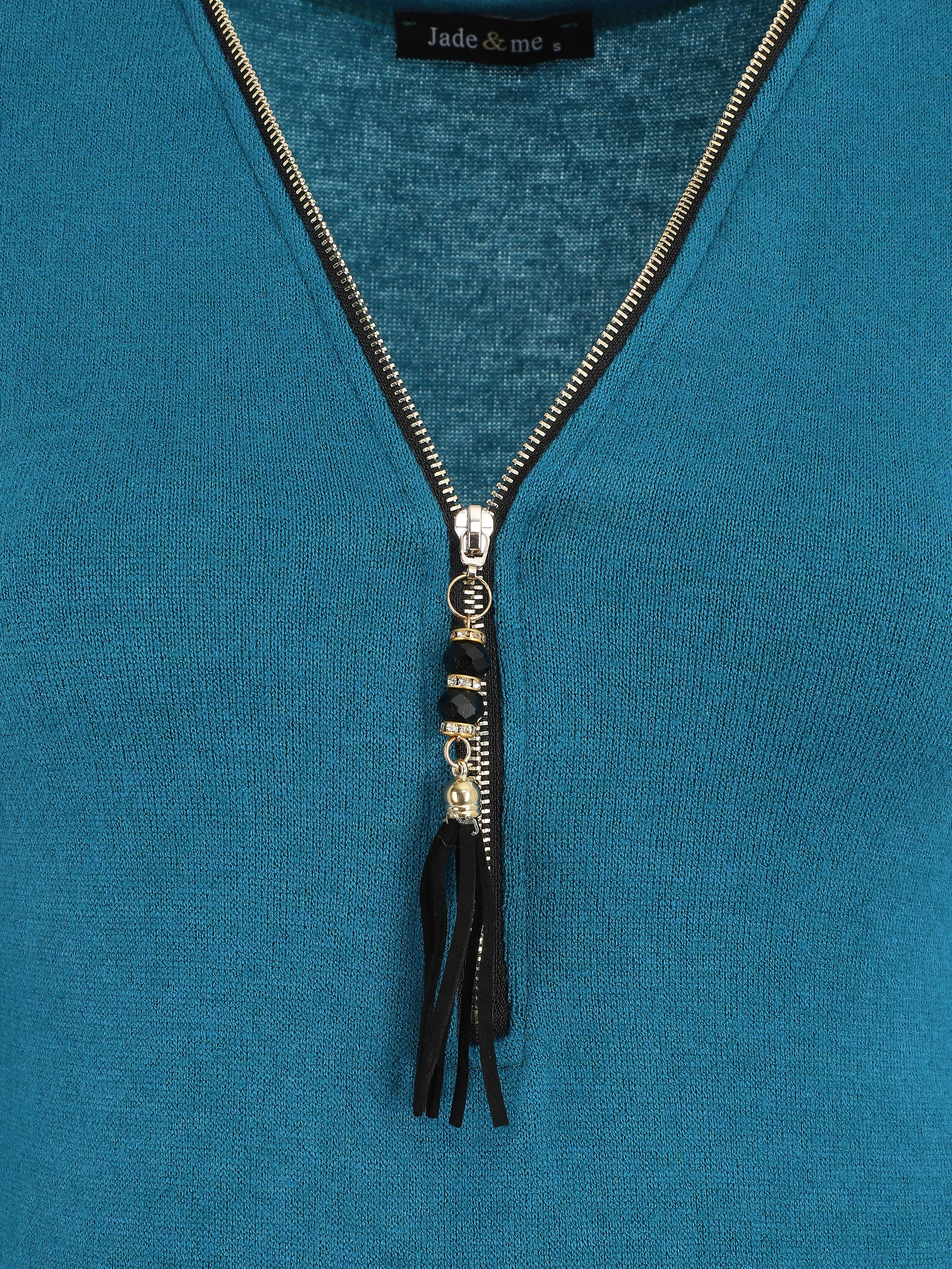 Body en maille uni à col V zippé - Bleu canard - Image 3