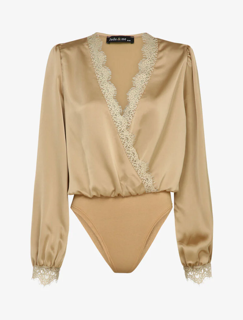 Body satiné à bords en dentelle - Beige