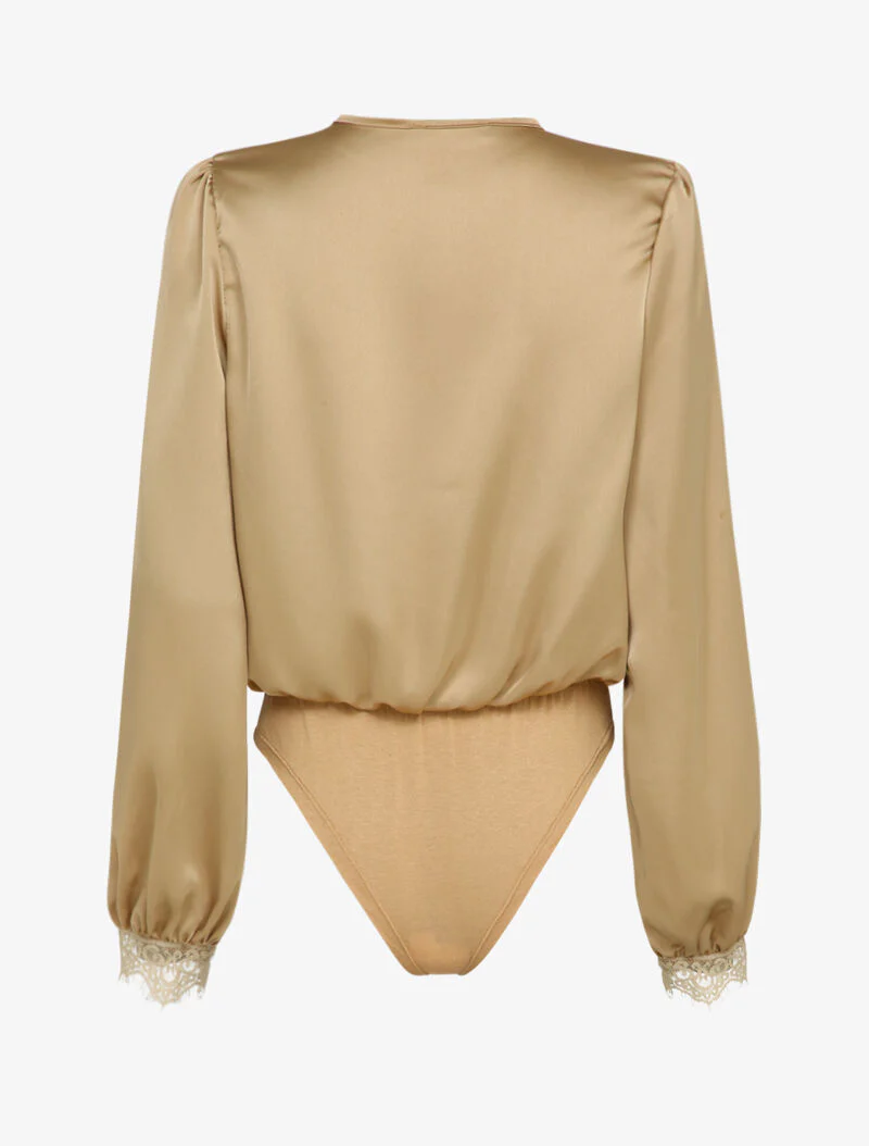 Body satiné à bords en dentelle - Beige - Image 2