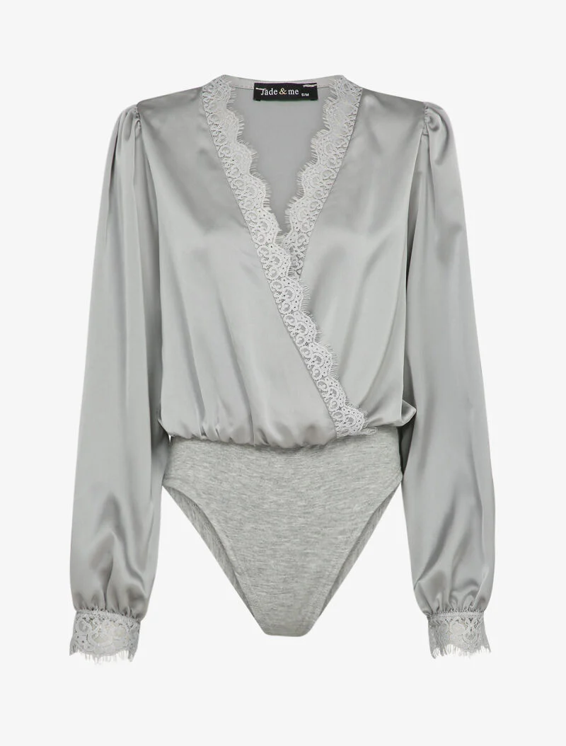 Body satiné à bords en dentelle - Gris