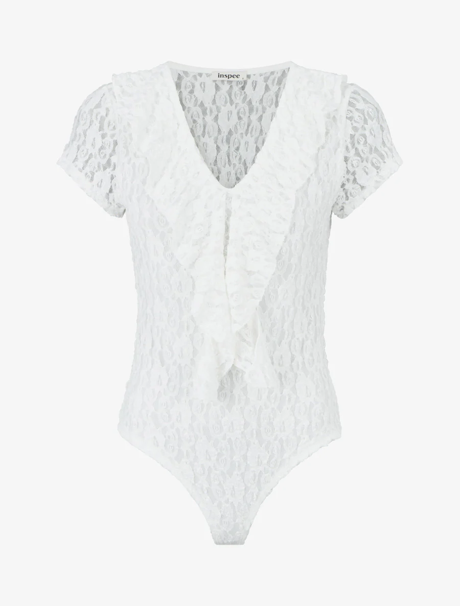 Body uni en dentelle à col volanté - Blanc