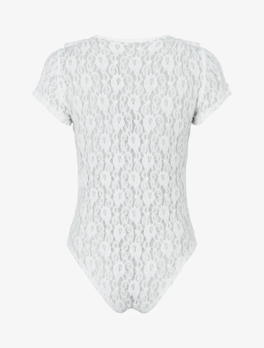 Body uni en dentelle à col volanté - Blanc - Image 2