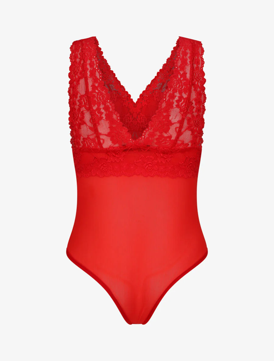 Body uni en dentelle - Rouge - Image 2
