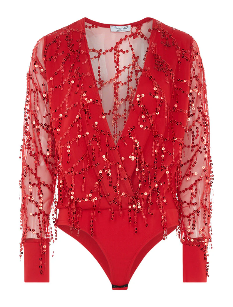 Body voile à franges ornées de sequins - rouge