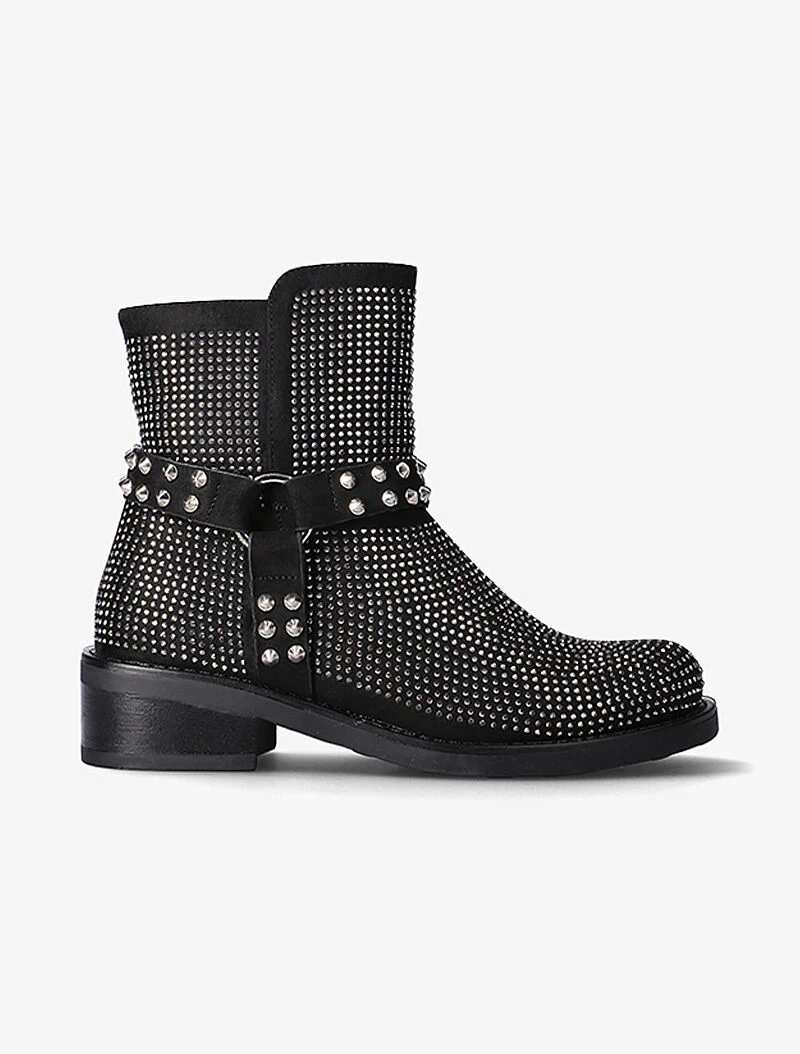 Boots à strass et lanières à picots - noir
