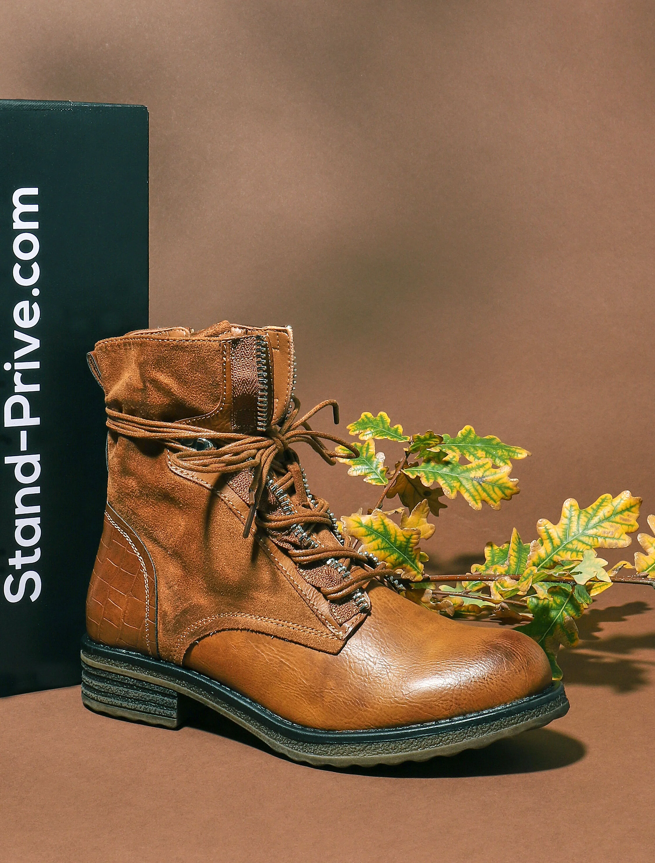 Boots bimatière à lacets - camel