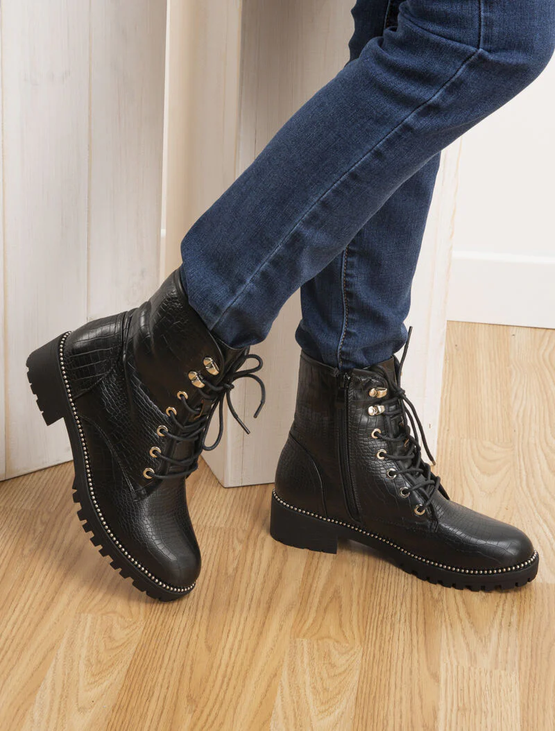Boots effet croco intérieur fourré - Noir - Image 5