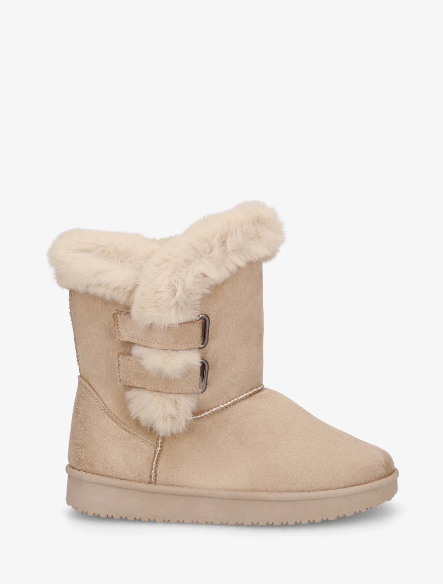 Boots en suédine fourrées à scratch - Beige