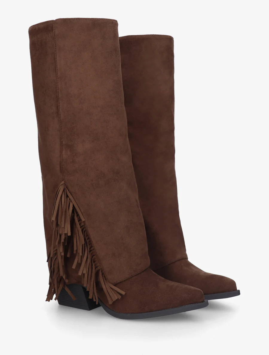 Bottes à franges et revers en suédine - Marron - Image 4