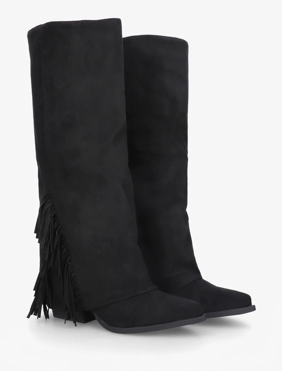 Bottes à franges et revers en suédine - Noir - Image 4