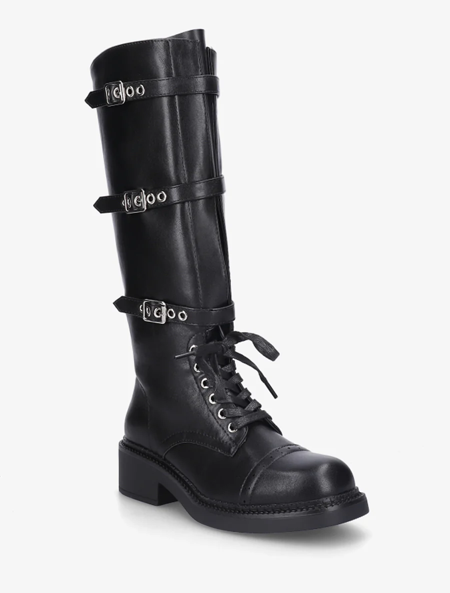 Bottes à lacets et triple sangles en simili - Noir - Image 2