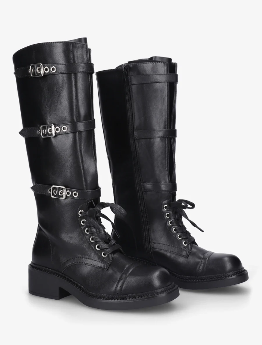 Bottes à lacets et triple sangles en simili - Noir - Image 4