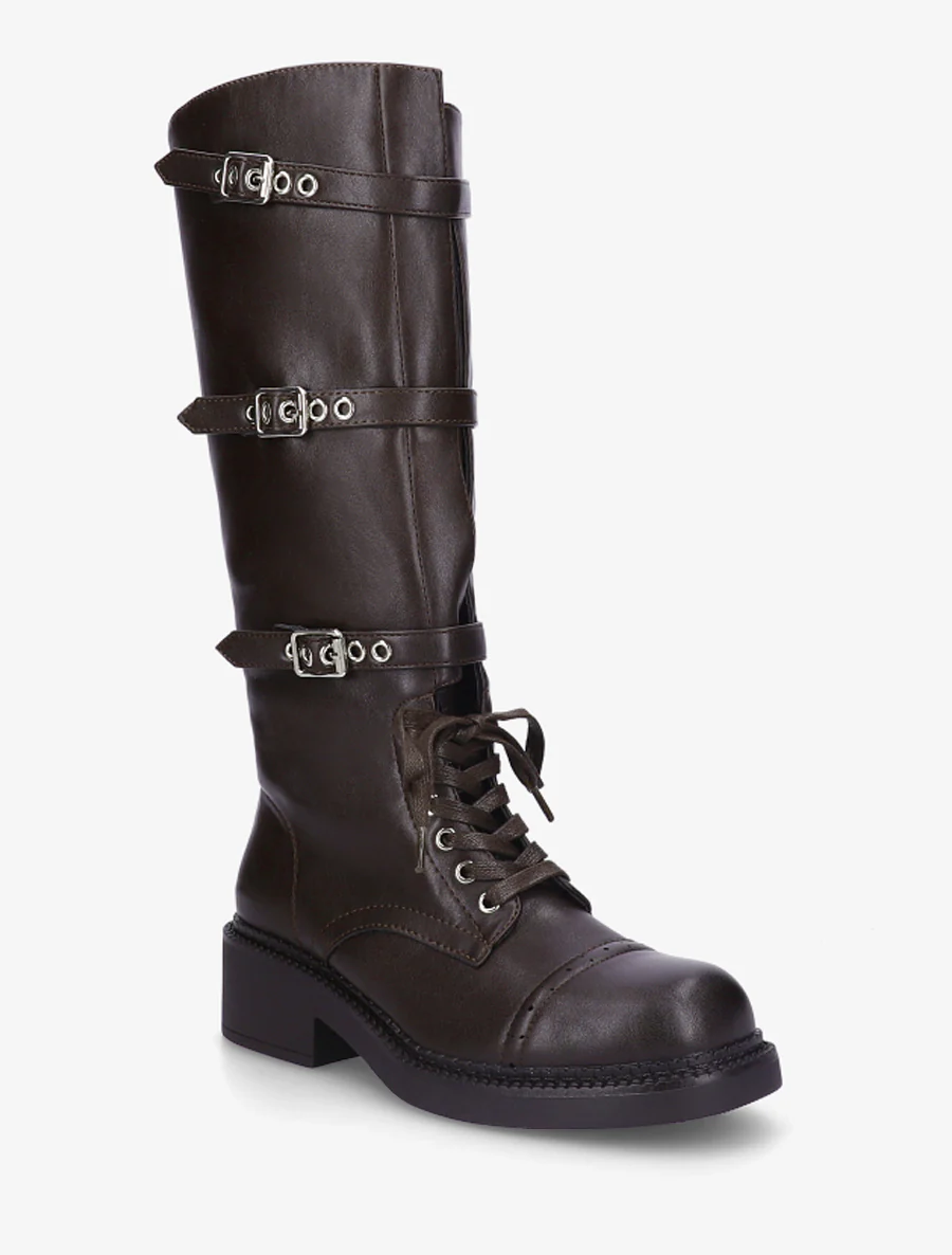 Bottes à lacets et triple sangles en simili - Marron - Image 2